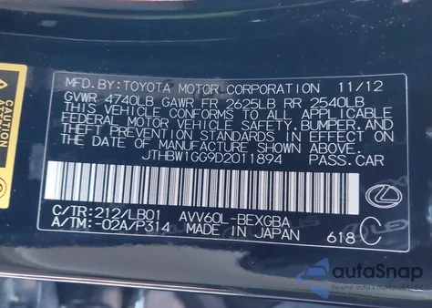 2013 Lexus Es 300H from USA, damaged, VIN JTHBW1GG9D2011894